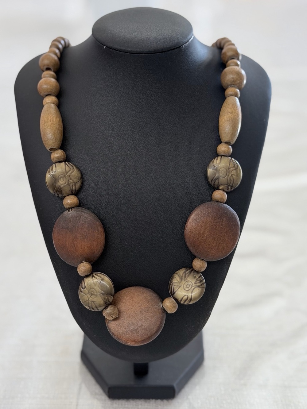 Bohemian Wood and Carved Bead Statement Necklace